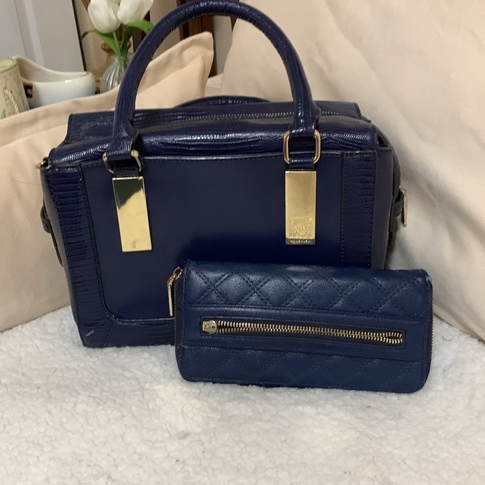 Anne Klein Navy Blue Satchel with Quilted Wallet and Gold Hardware